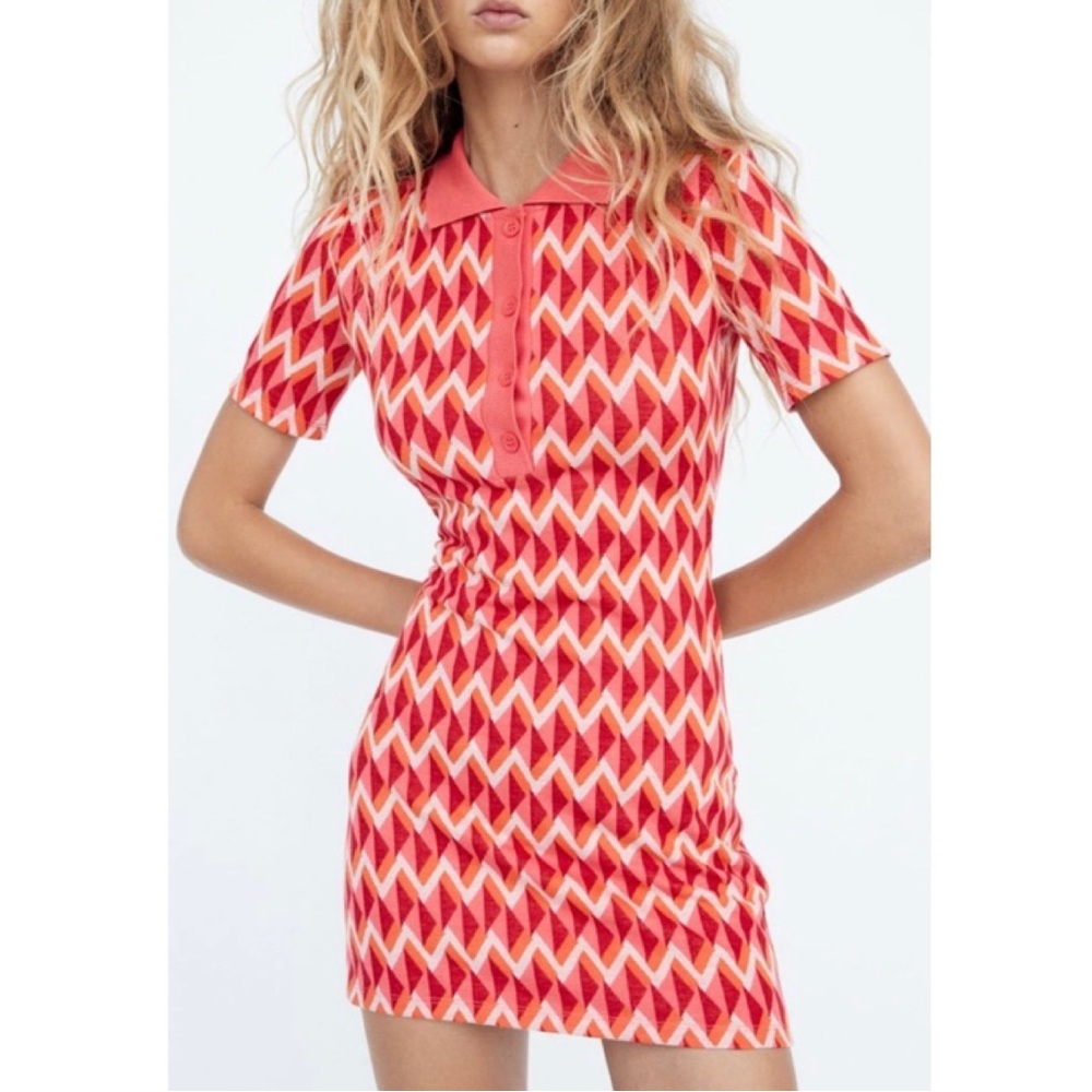 RARE! NWT Zara Jacquard Printed Mod Button-Up Knit Collared Polo Dress (S/XS)